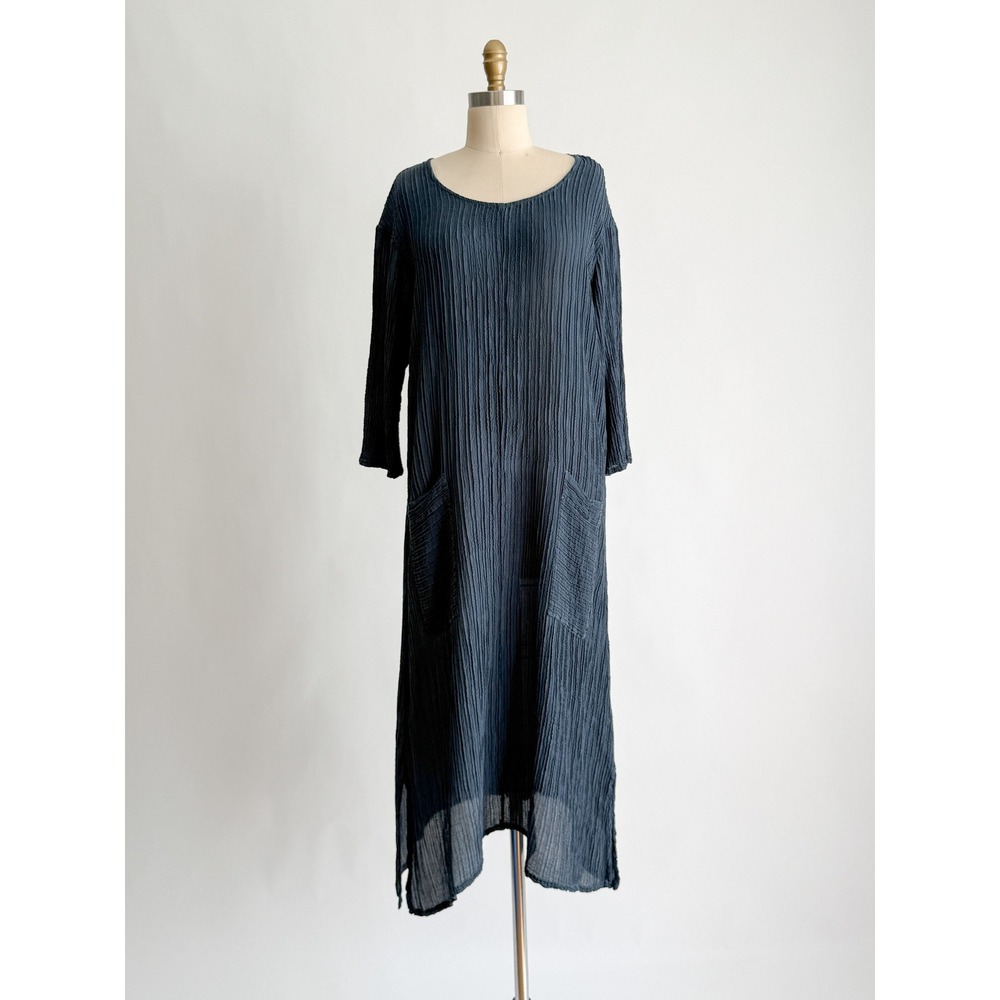 Grizas Silk Crinkle Midi Dress Lagenlook Pockets S Blue Textured 3/4 Sleeve